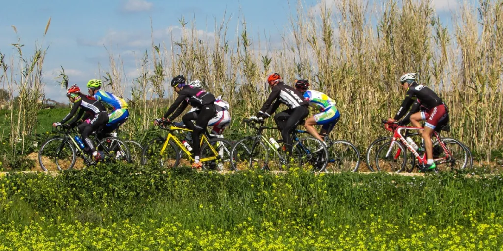 Cyclists cycling on a field path