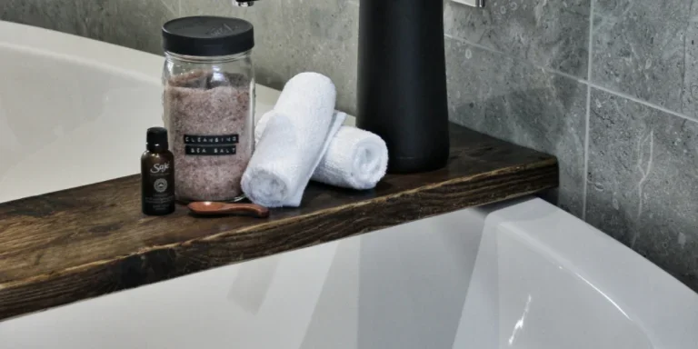 Dark stained wood bathtub tray