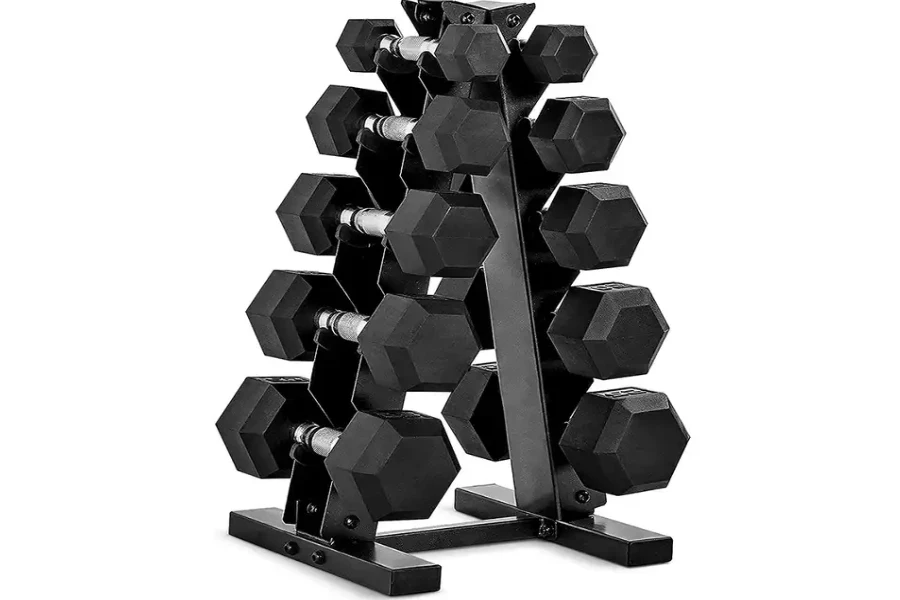 Hexagonal dumbbell set with rack 10kg 20kg 30kg rubber hex dumbbells