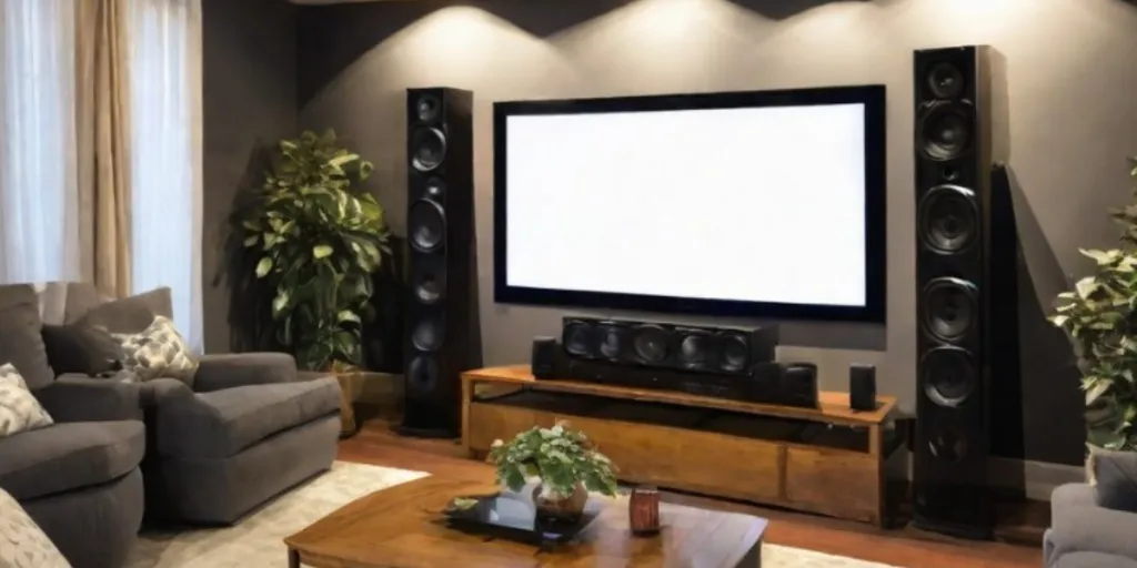 home theater with a TV monitor and compact speakers