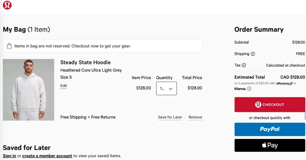 Lululemon check out page for a men’s hoodie