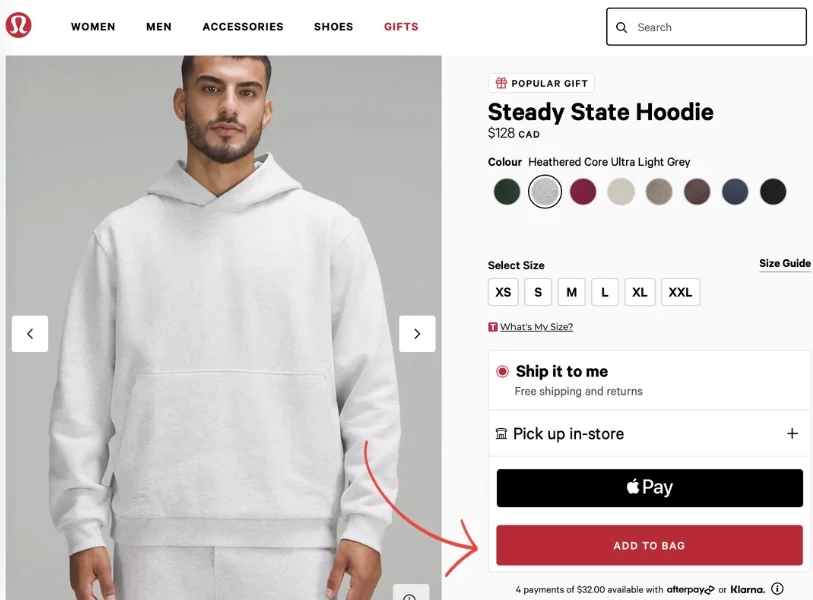 Lululemon product page for a men’s hoodie, red arrow pointing to “Add to Bag” button