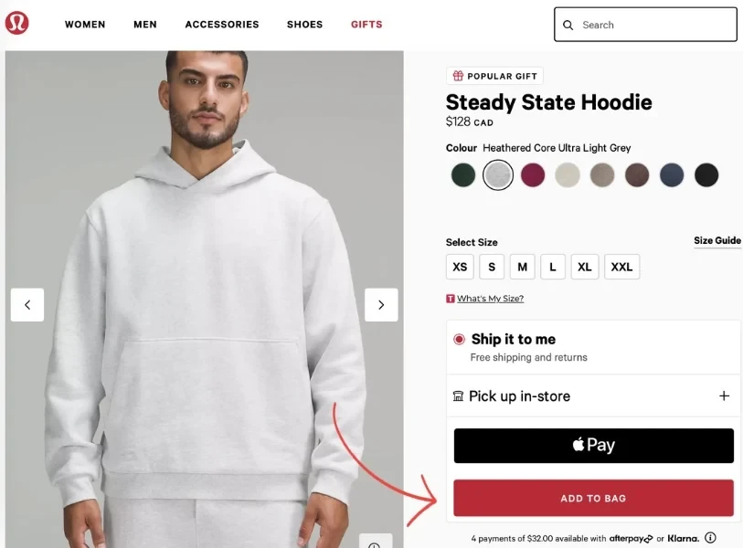 Lululemon-Produktseite für einen Herren-Kapuzenpullover, roter Pfeil zeigt auf die Schaltfläche „Zum Warenkorb hinzufügen“.