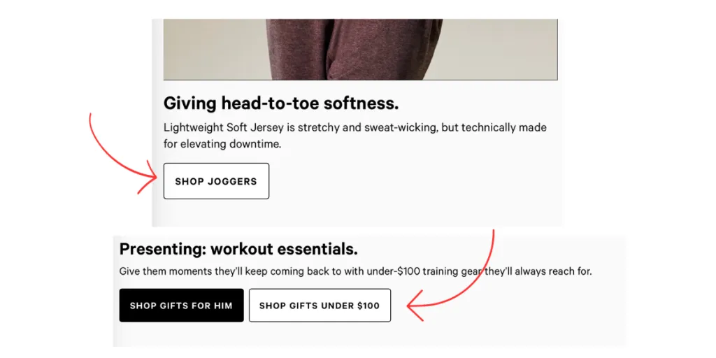 Lululemon’s website with red arrows pointing to the CTAs “Shop Joggers” and “Shop Gifts Under $100”