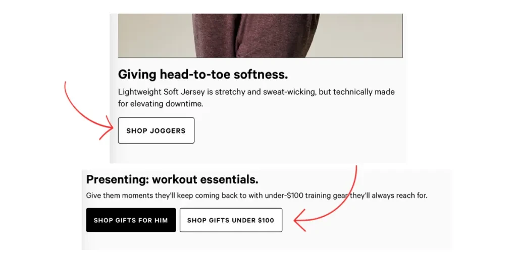 Sitio web de Lululemon con flechas rojas que apuntan a las llamadas a la acción "Comprar pantalones deportivos" y "Comprar regalos por menos de $100".