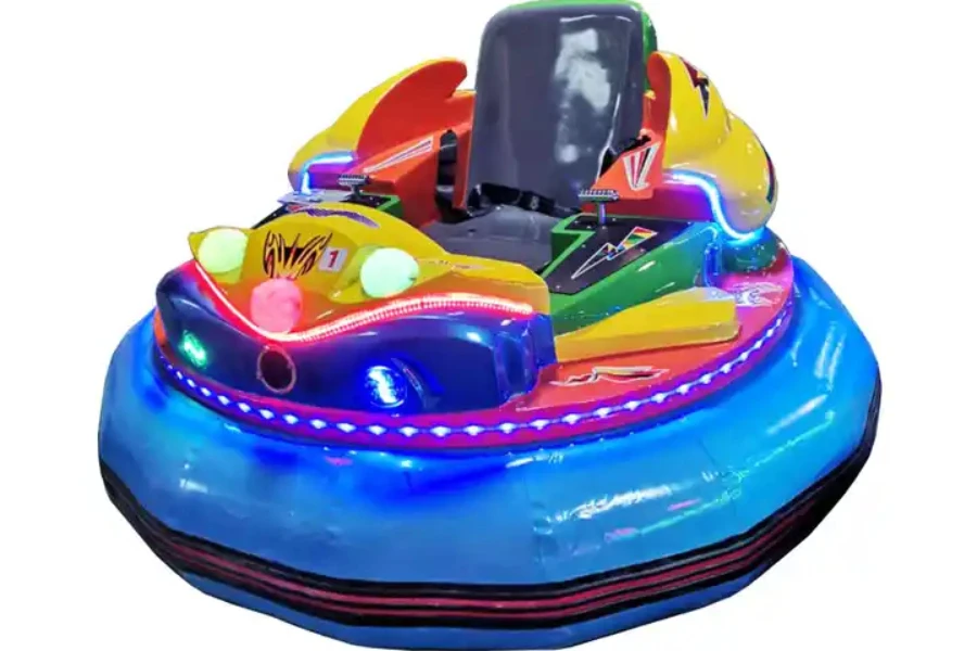 Multi-colored, adult-sized spinning bumper car with lights