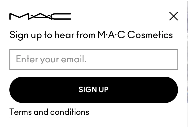Newsletter sign up pop-up on MAC homepage