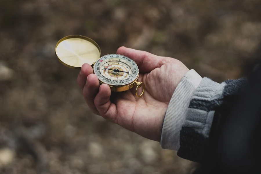 Person holding compass in gold casing during autumn