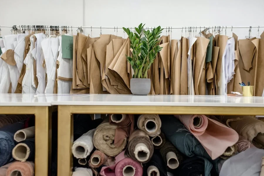 Rolls of assorted fabrics and textiles