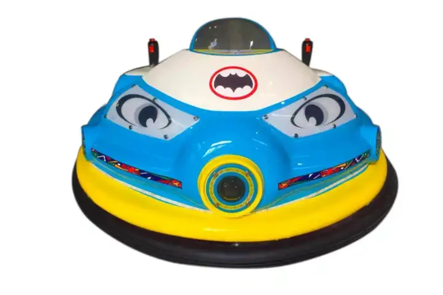 Round ice bumper car with Batman-themed paint and logo