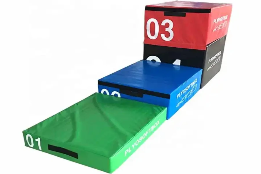 Row of adjustable foam plyo boxes in different colors