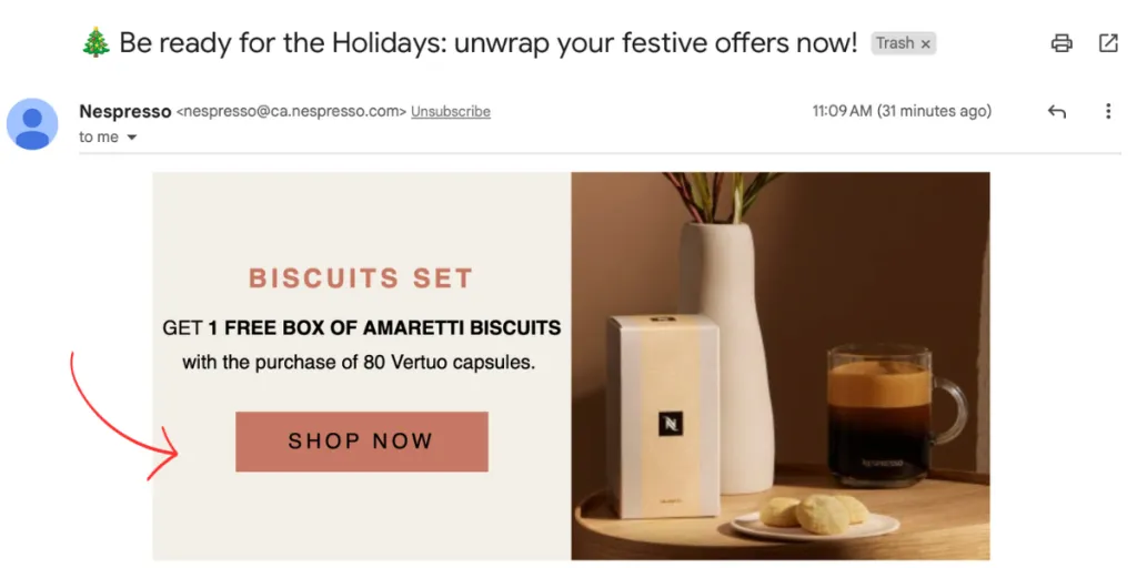 Screenshot from Nespresso email highlighting a deal to get biscuits with coffee purchase