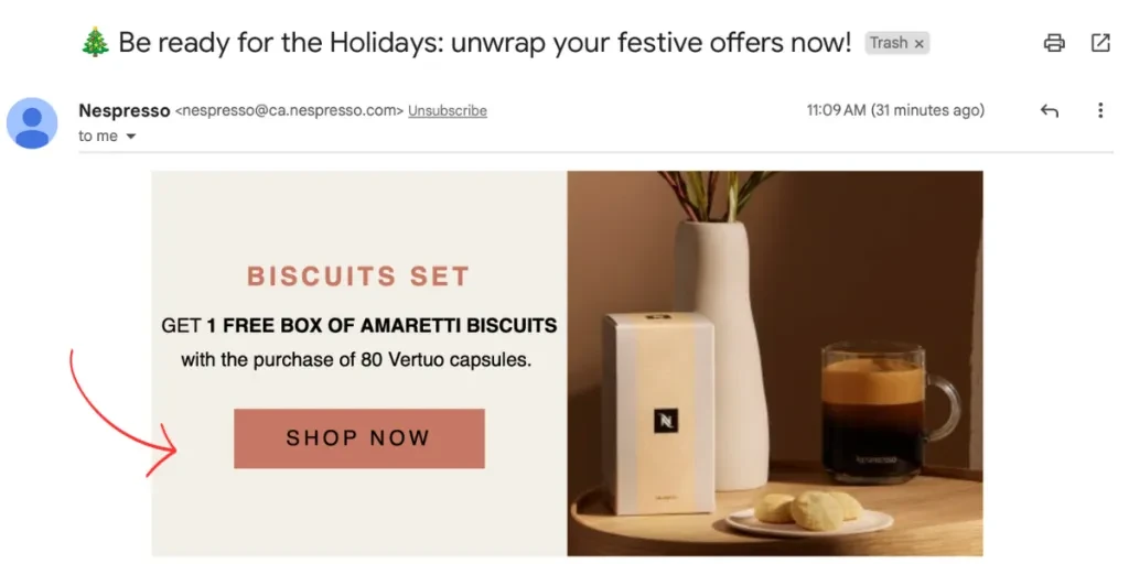 Capture d'écran d'un e-mail Nespresso mettant en évidence une offre permettant d'obtenir des biscuits avec l'achat de café