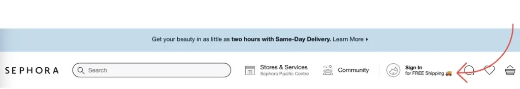 Screenshot of Sephora homepage with red arrow pointing to where customers can sign in