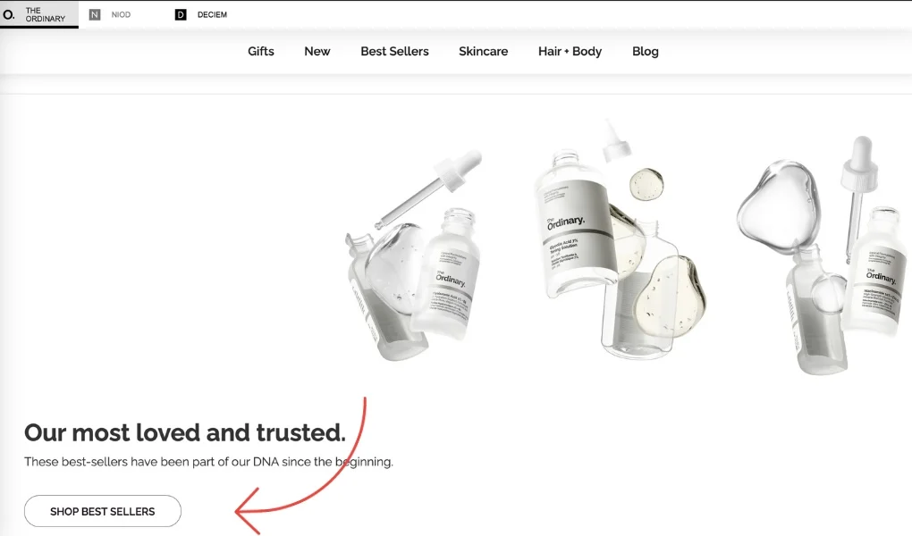 Screenshot of The Ordinary Homepage and a red arrow pointing to “Shop Best Sellers” CTA