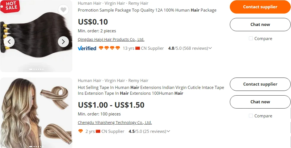 Search engine result page of hair extensions on Alibaba