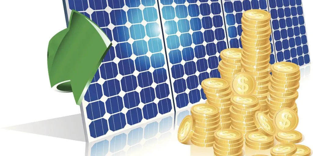 Solar panel with a pile of coins
