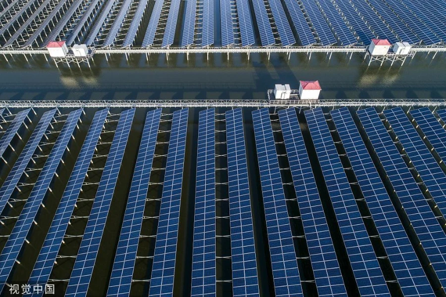 Solar panels installed on a lake