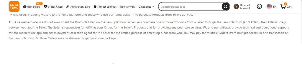 T&C page of Temu highlighting its “pure marketplace” role