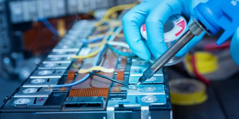 Technician use soldering iron to solder metal and wire of lithium-ion rechargeable battery