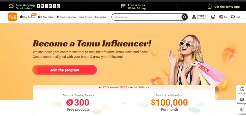 Temu dispose d'un programme d'influence avec 100,000 XNUMX $ de revenus par mois