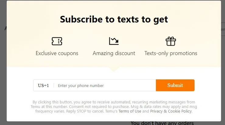 Temu encourages SMS sign-ups to stay informed about its promos