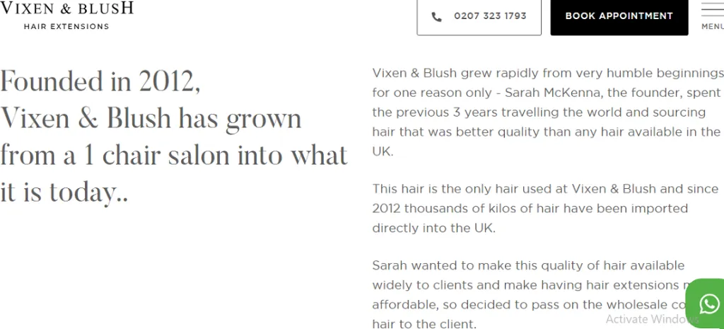 The 'About Us' page of Vixen and Blush