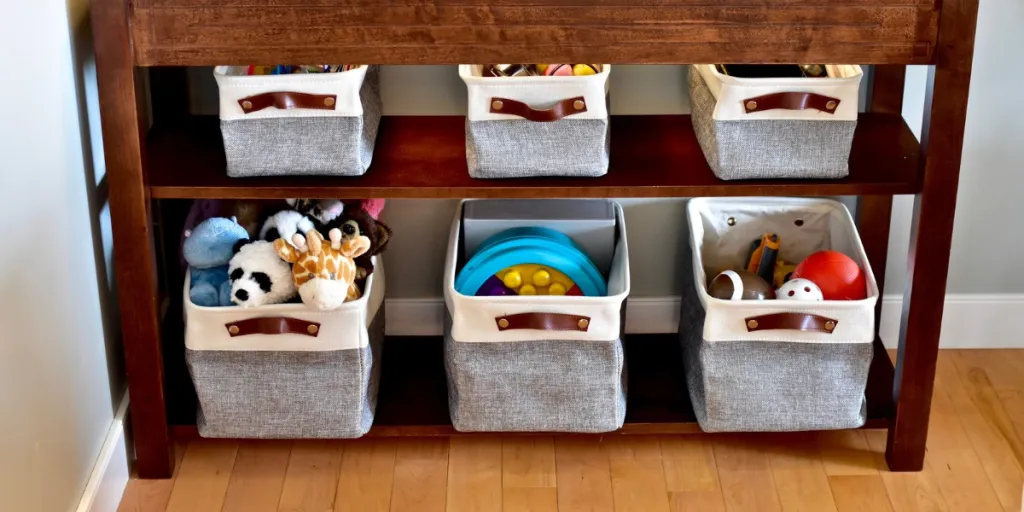 Toy storage organizers below a table