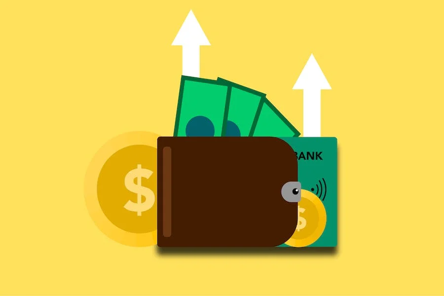 Carteira com moedas, notas e cartão de crédito para pagamento