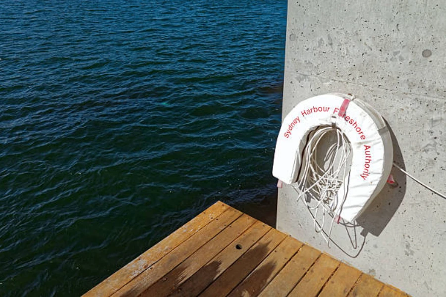 White horseshoe buoy hanging on wall next to water