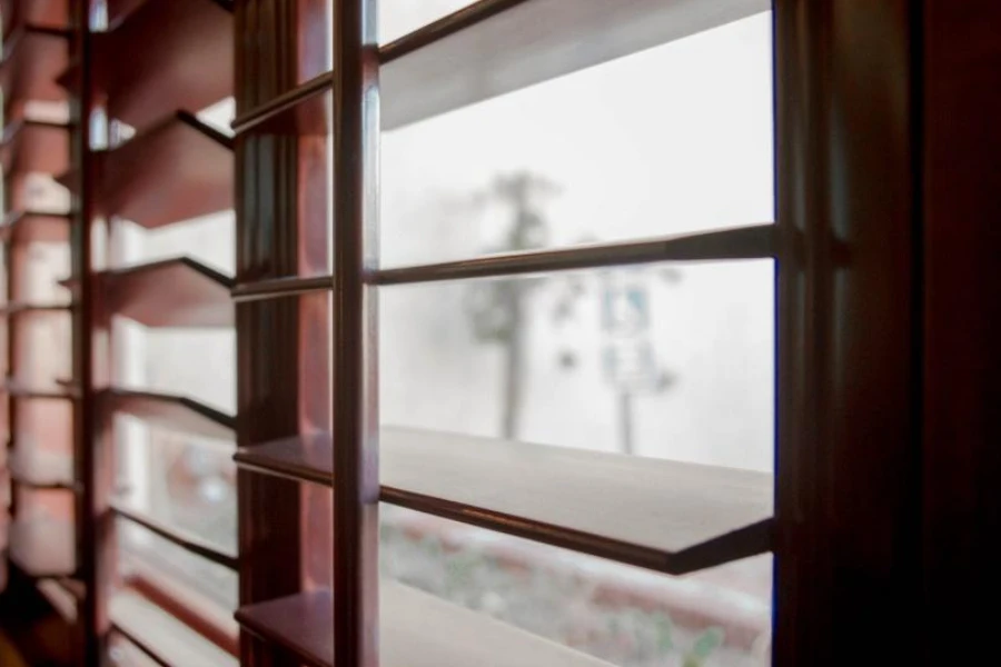 Windows with stained wood plantation shutters