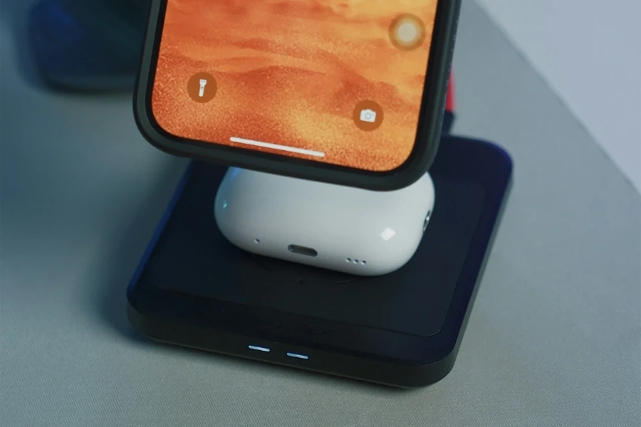 2-in-1 wireless charging stand with smartphone and AirPods