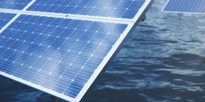 3D illustration solar panels in the sea or ocean