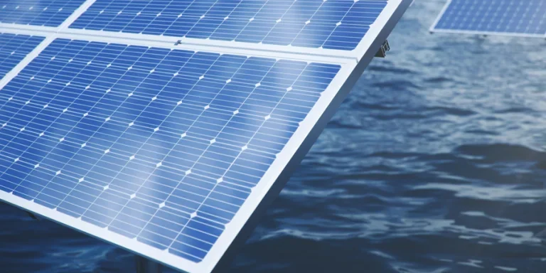 3D illustration solar panels in the sea or ocean