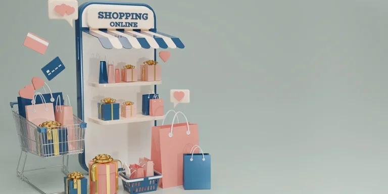 3d rendering blue smartphone and shopping online