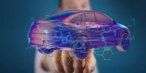 A 3D rendered hologram of a car with a hand pointing at it from the background