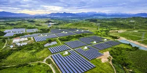 Aerial photography green outdoor solar photovoltaic power station