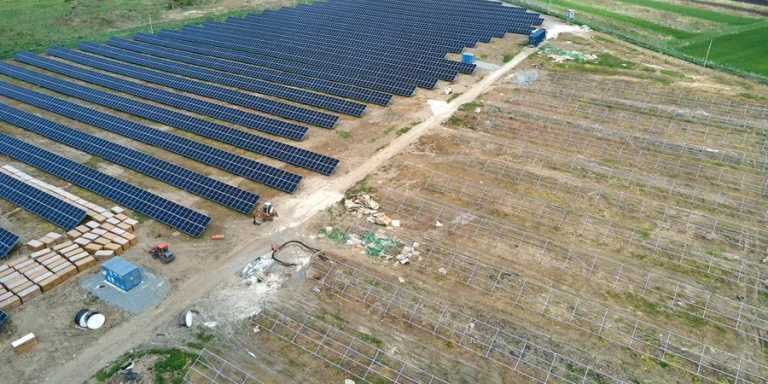 Aerial view of big electric power plant under construction