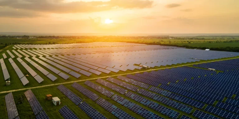 Aerial view of large sustainable electrical power plant with many rows of solar photovoltaic panels
