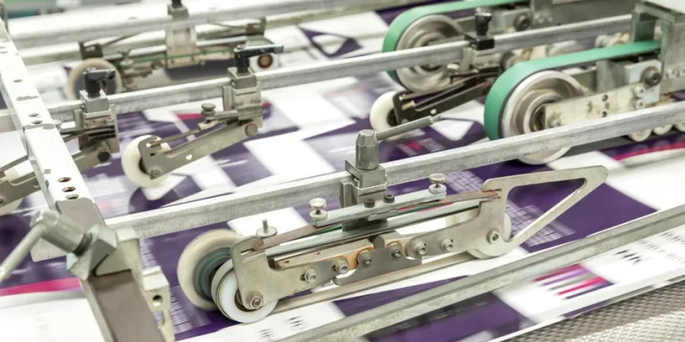 Close up of an offset printing machine during production