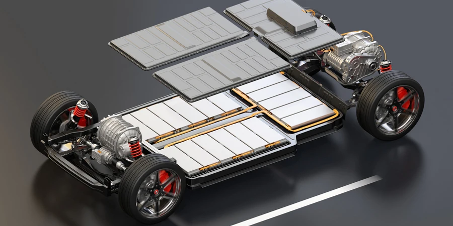 Explode view of electric vehicle chassis equipped with battery pack on the road