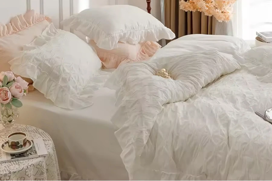 4-teiliges Bettlaken-Set im französischen Stil, Neuankömmling, gewaschene Baumwolle, weiße Volant-Jacquard-Spitze