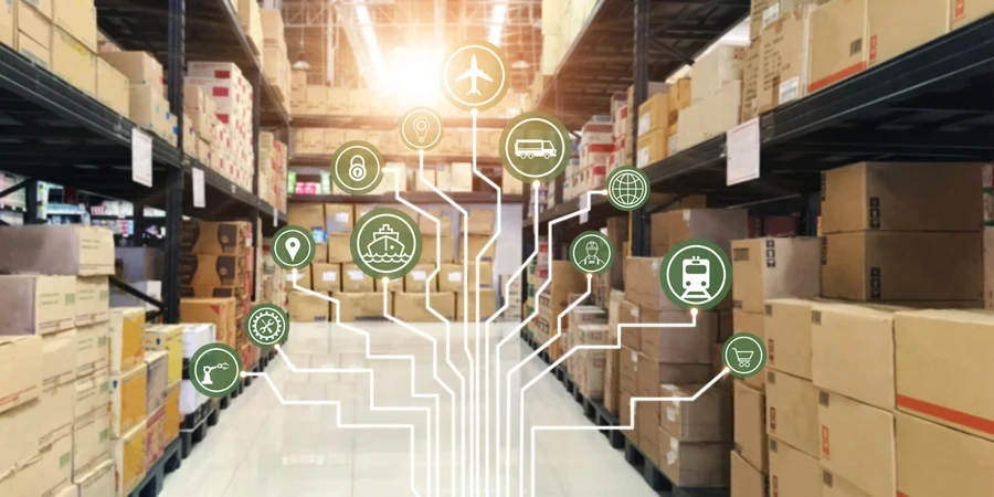 Icône des canaux de marketing et de processus, transport et logistique sur fond d'entrepôt