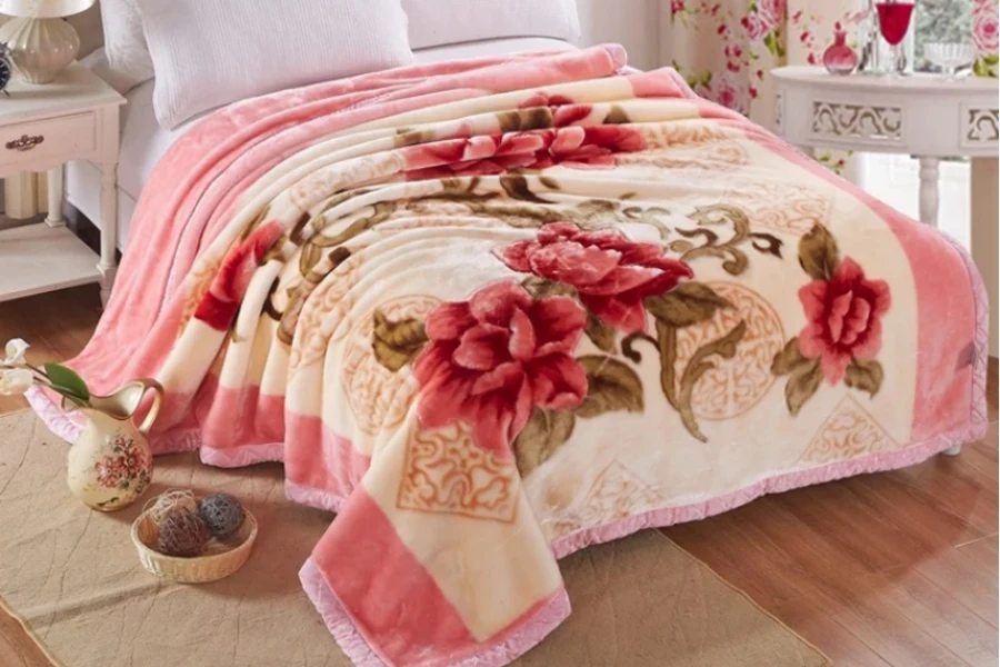 Cobertores de cama Raschel ecológicos de linho com estampa 3D de flor de lã coreana