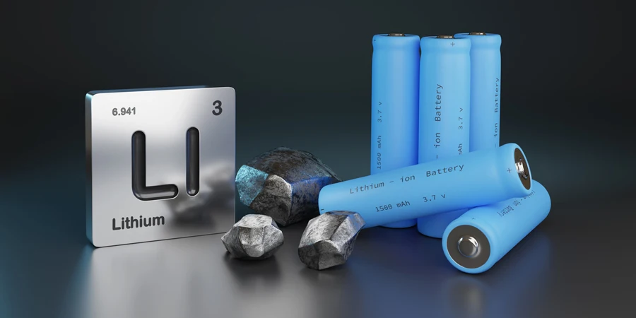 Baterias de íon de lítio, lítio metálico e símbolo de elemento