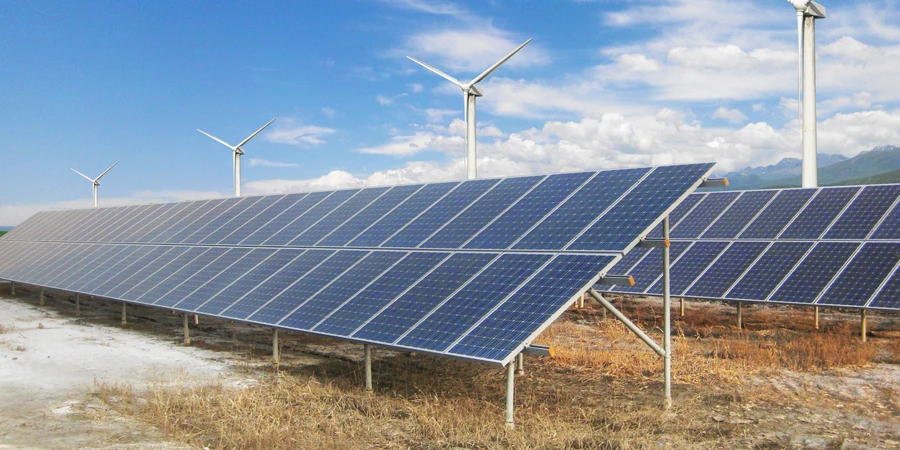 Nuevos equipos energéticos, paneles solares y turbinas eólicas en vastas praderas