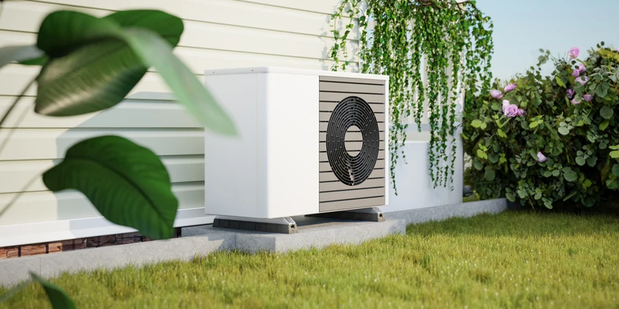Photorealistic 3d render of a fictitious air source heat pump