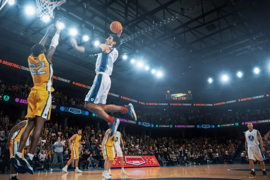 Professional basketball game with player jumping for points