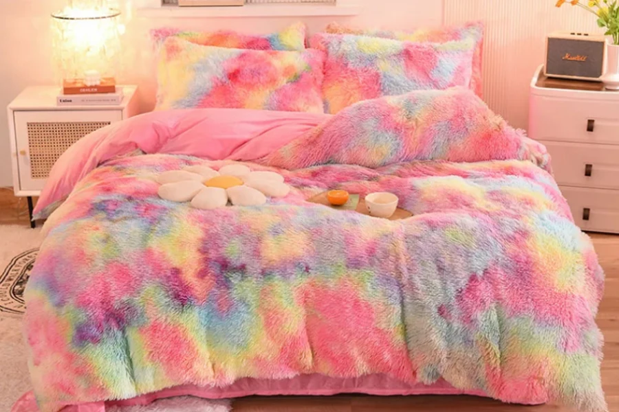 Regenbogenfarbener Kunstfell-Samt, flauschiger Plüsch, weiche Bettwäsche, warmes Bettlaken-Set für Mädchen