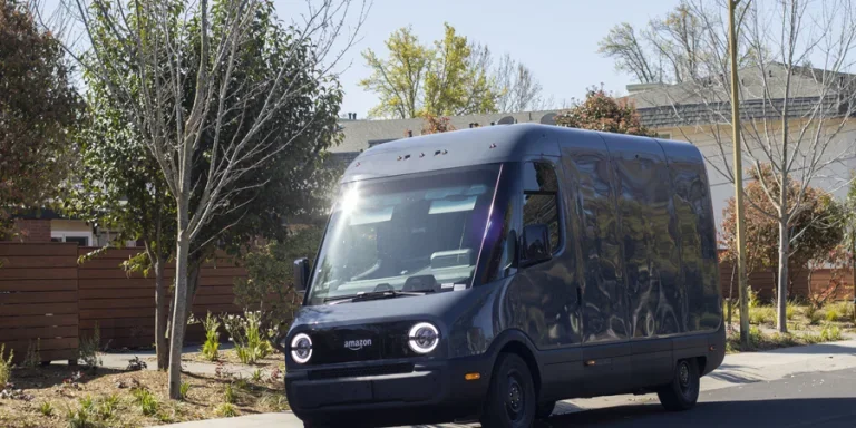 Rivian's Amazon electric delivery van is seen on the streets in Palo Alto